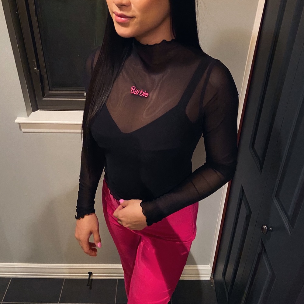 Barbie embroidered mesh crop top